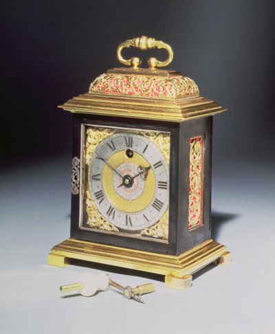 Miniatur-Konsolenuhr mit blauem Stahl- und vergoldetem Metallgehäuse von Thomas Tompion (1639-1713), ca. 1710 von English School